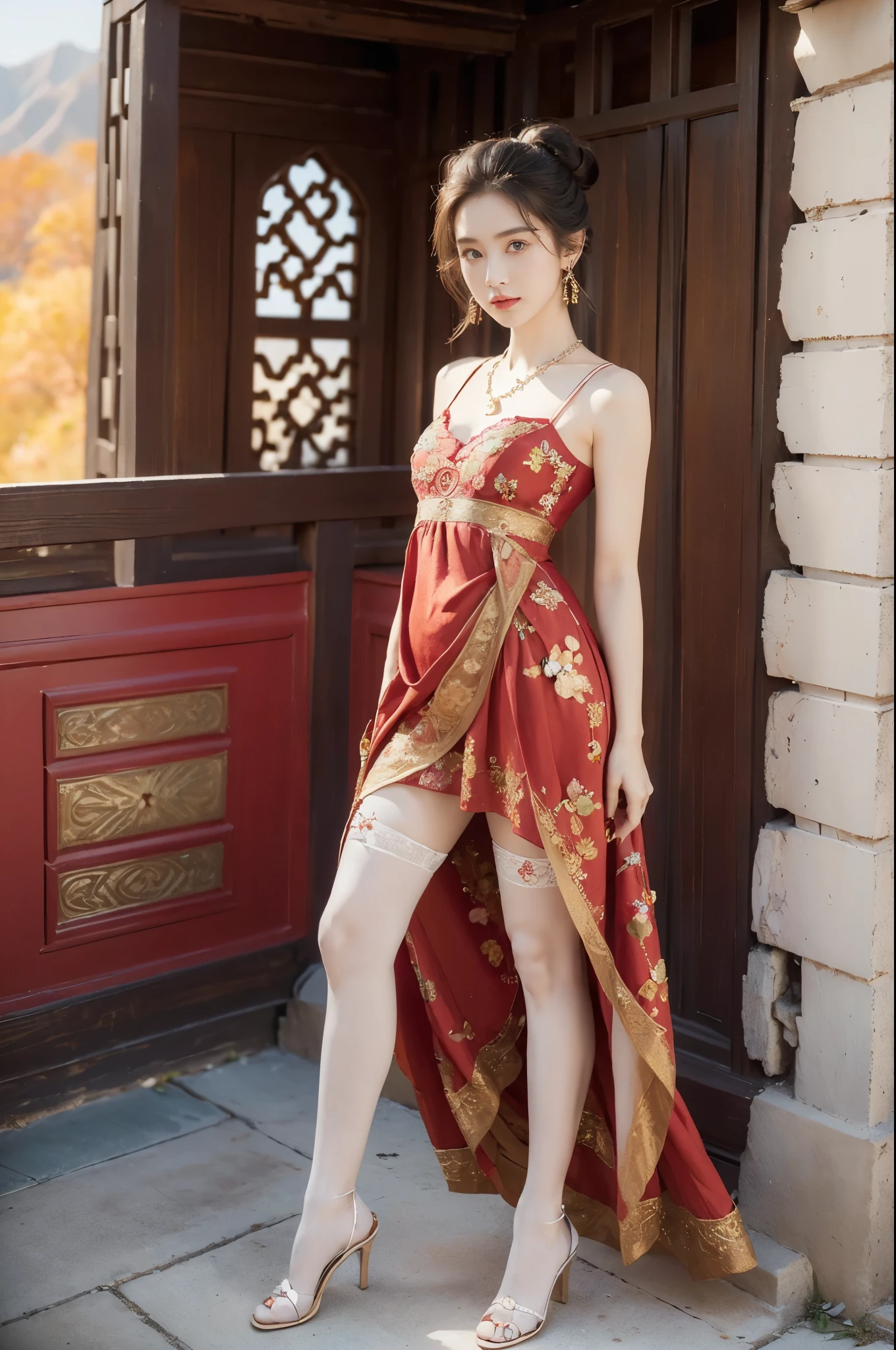 Works of masters，Best image quality，Higher quality，high detal，超高分辨率，8K分辨率，perfect hand，full body shot shot，exquisite facial features，s the perfect face，Glowing skin，a matural female，（（（Cheongsam split from the waist））），（（standing on your feet））