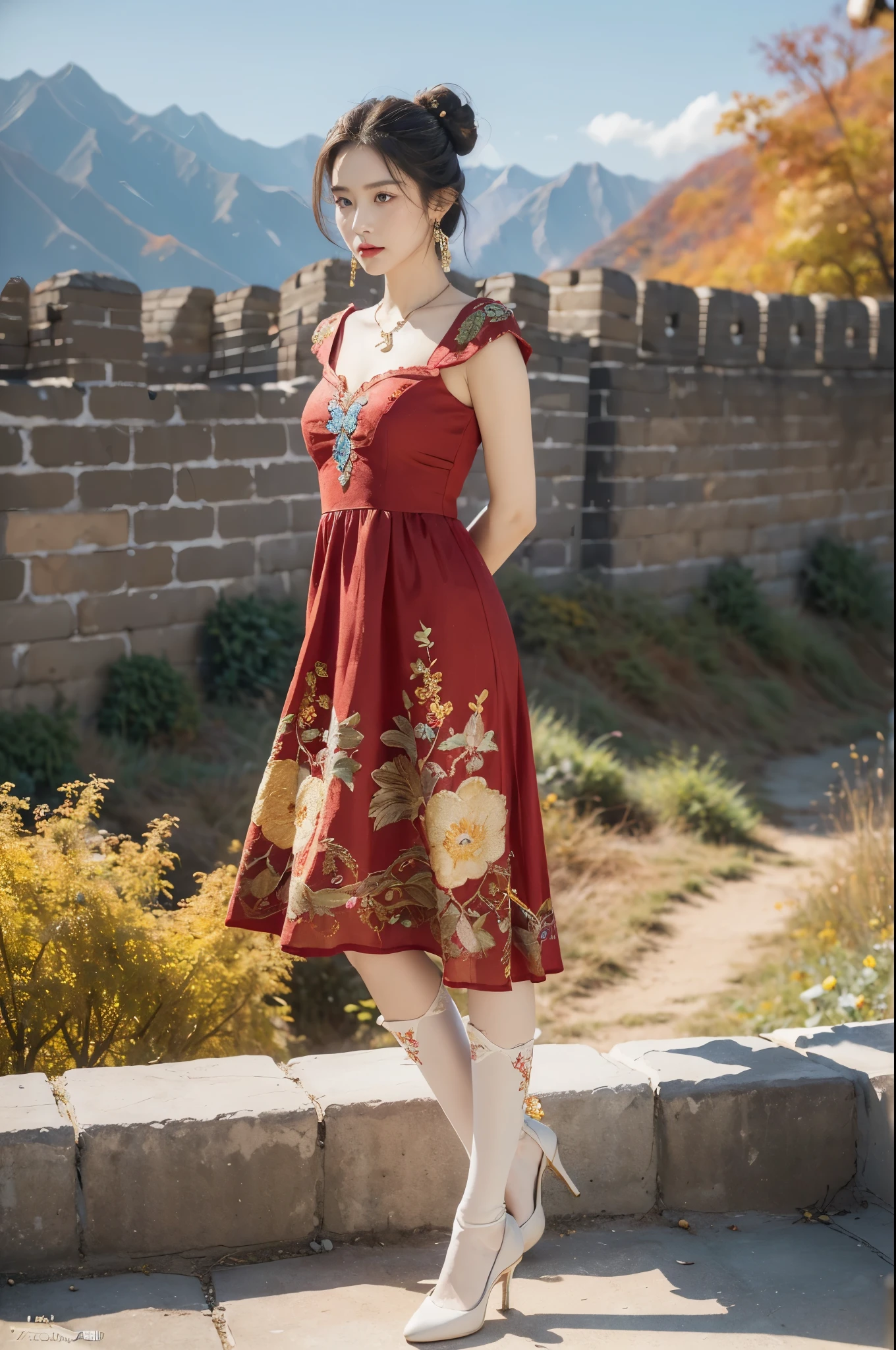 (((best quality))), (((ultra detailed))), (((masterpiece))), illustration,((1 beautiful girl,solo)),(on the Great Wall:1.3),(neat bun:1.2),((earrings,necklace)),((slim,thin)),((small breasts,flat chest)),((October, sunny, autumn,bright sunshine)), magnificent mountains,(maxi gorgeous Exquisite embroideried red dress:1.3),(stockings:1.3),(slender legs:1.2),(high heels:1.2),(standing:1.3),(arms behind back:1.3),gracefully,(detailed bright eyes:1.3),(fair skin:1.3), radiant,sparkling, vibrant colors,(colorful flowers:1.3), elegance, strength, perseverance, majestic, awe-inspiring, fluffy white clouds,((from front,full body))
