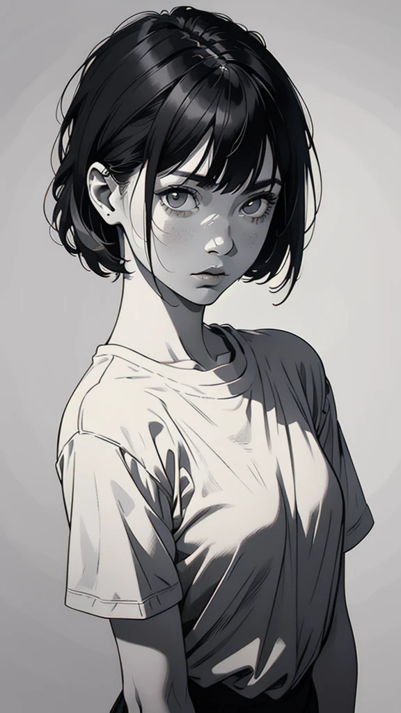 1 boyish girl, solo, sharp eyes, expressionless, monochrome, greyscale, short black hair, portrait, white T-shirt, closed mouth, looking at viewer, graphite \(medium\), detailed lips, hatching \(texture\), without makeup, bangs, upper body, (best illustration), (best quality), (very detailed), (masterpiece), expressionless,