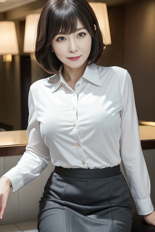 Masterpiece, top quality, photo quality, 4K high resolution, full body photo of beautiful Japanese mature woman, ((detailed eyes, detailed facial expression)), white tight business shirt, cotton tight skirt, dark gray tight skirt, thighs are visible from the hem of the skirt, a gentle smile with a little tooth showing, the woman has a very strong sexual appeal, hotel lobby, soft cinematic lighting, beautiful eyes, beautiful face, bob hair, bangs, wearing black high heels,