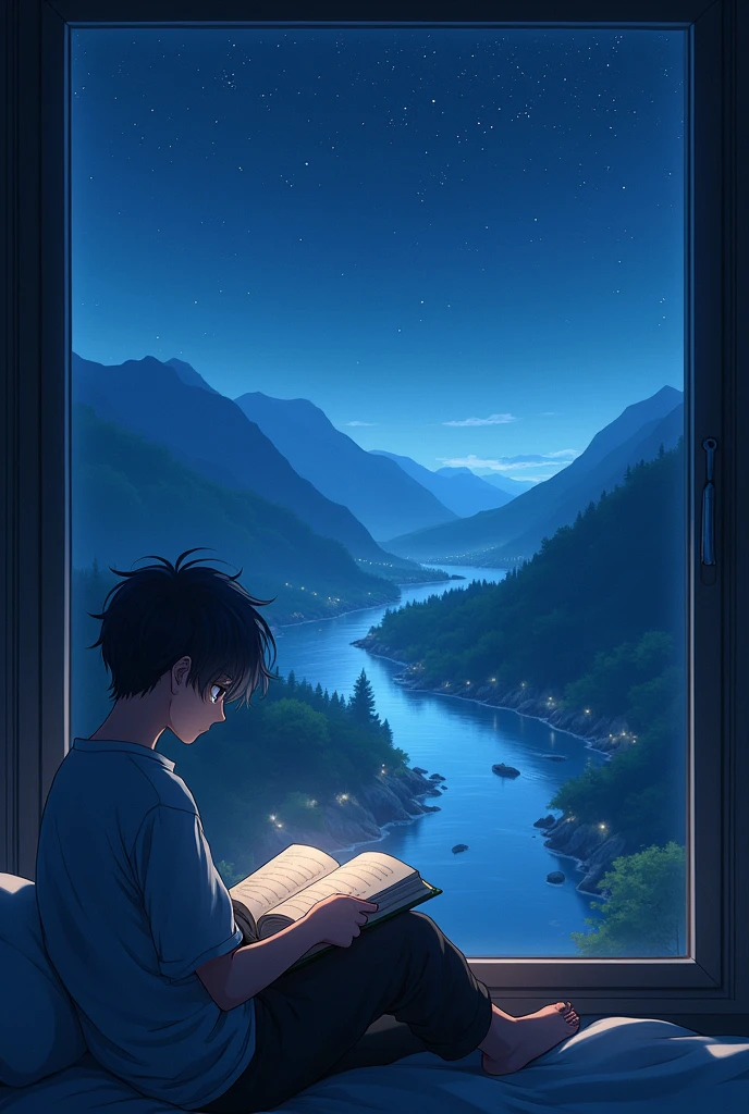 Anime guy sitting reading a book in front of the window, outside there are rivers, mountains and trees, at night, in the sky there are stars, 4k picture, 4k picture