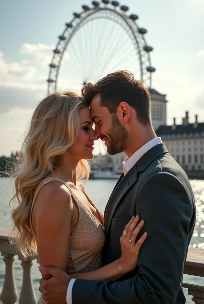 A couple hugging in front of the London Eye,  taking a profile selfie man brown hair and eyes, with old money style haircut, blonde woman with green eyes 8k ultra realistic (photorealism:1.2)