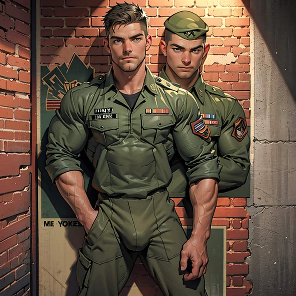 32k, high quality , detailed face , detailed hands , detailed muscles , stephen amell standing and  posing  as a military man ,standing with , showing his muscles and bulge , ((background brick wall with lot of army posters ))