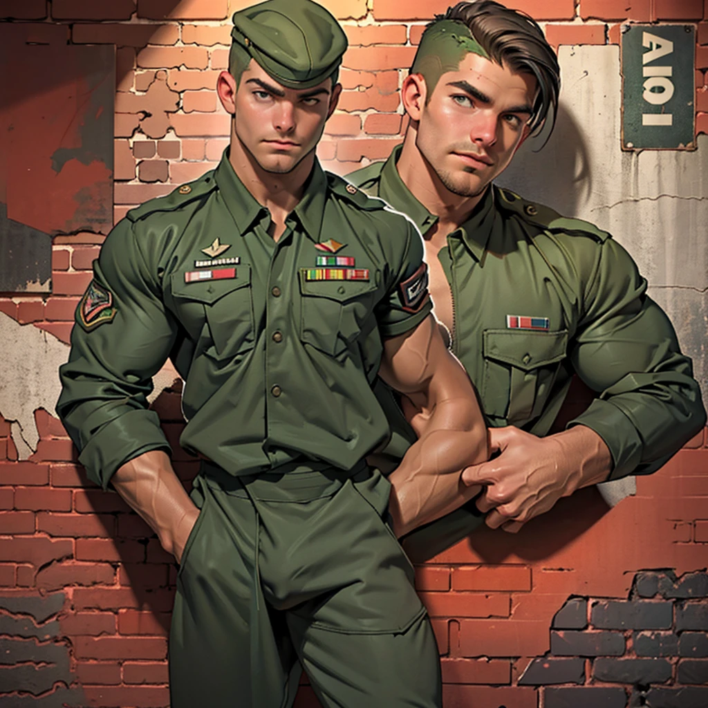 32k, high quality , detailed face , detailed hands , detailed muscles , stephen amell standing and  posing  as a military man ,standing with spread legs, showing his muscles and bulge , ((background brick wall with lot of army posters ))
