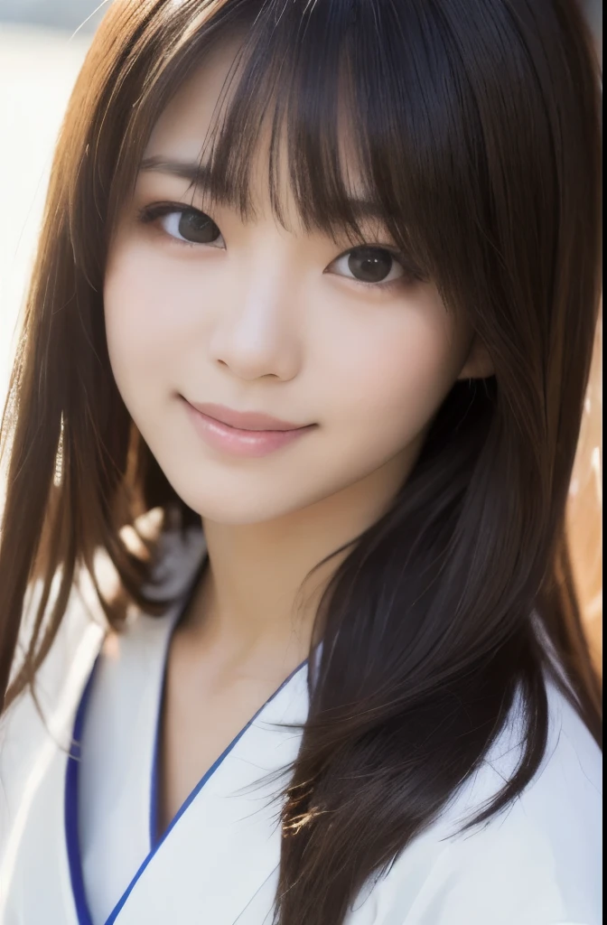 best quality, face focus, soft light, ultra high res, (photorealistic:1.4), RAW photo,(Shinozaki Ai), (fair skin), (kawaii),
1 Japanese girl, solo, cute, smile, (pupil, lights in the eyes),  detailed beautiful face, Medium-sized breasts,(high resolution detail of human skin texture),(long hair),(portrait), upper body, white traditional kimono