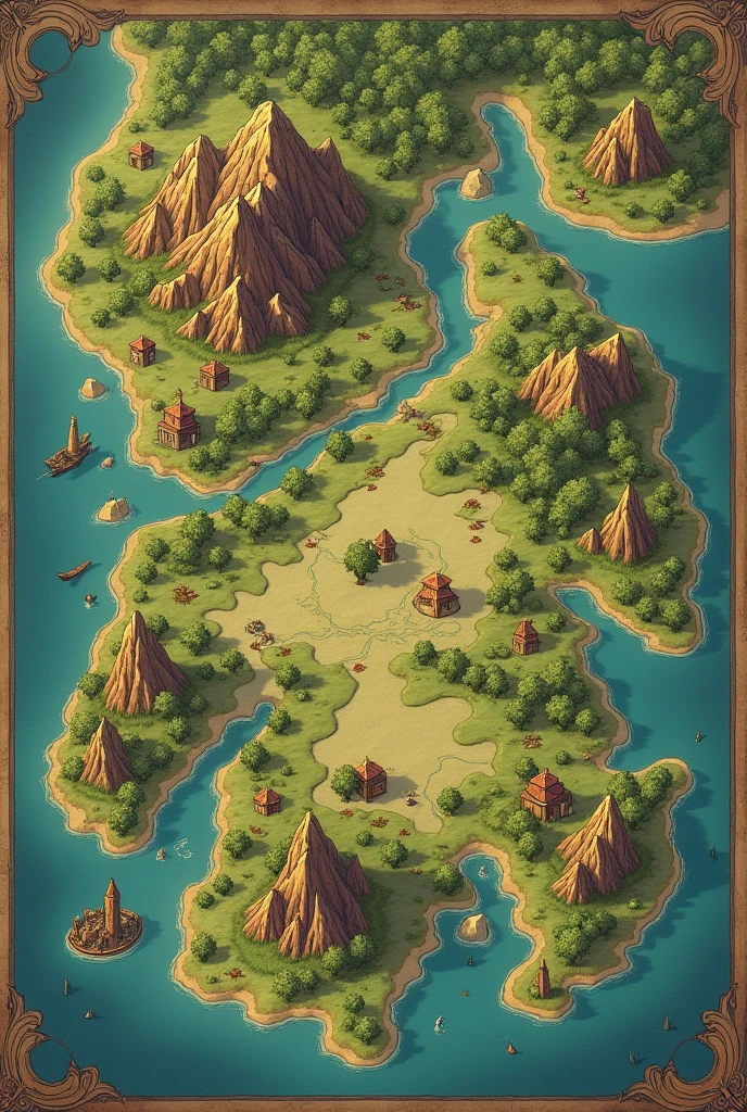 A whole map, beautiful, 3 land forms, 2 water forms, flat map, high quality, fictional map, monarchy map, with nation, village, flat drawn map, full map