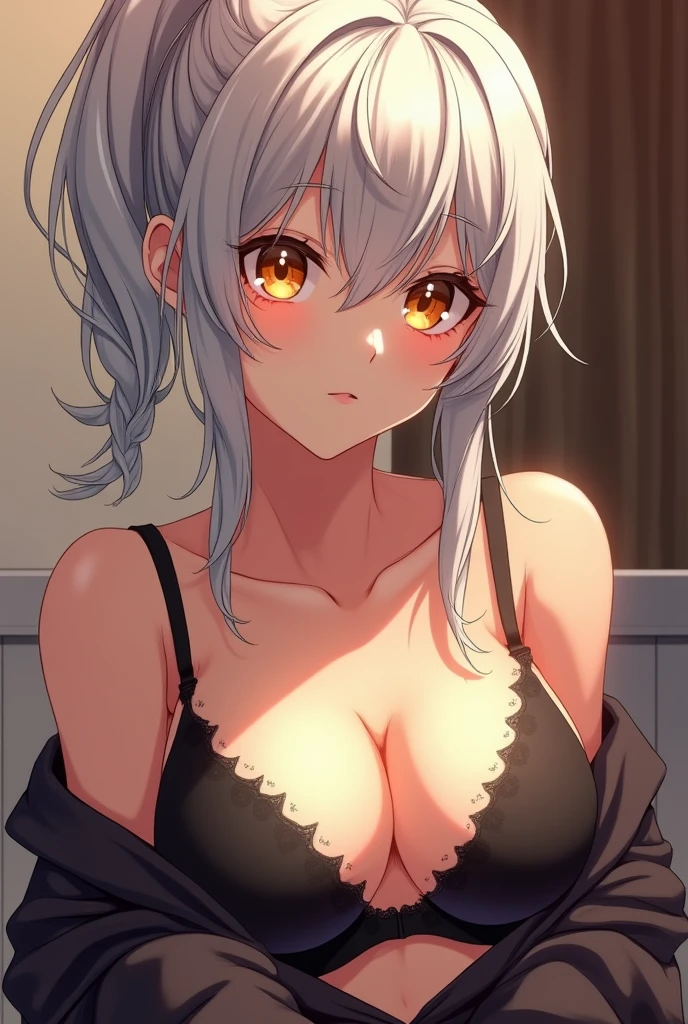 nsfw,1 girl,White hair,yellow eyes,face,tan,light Areola,upper body,breasts out,masterpiece,best quality,very aesthetic,absurdres,light Areola,skin,extended_downblouse, frontbend,White shirt,over shirt,slip