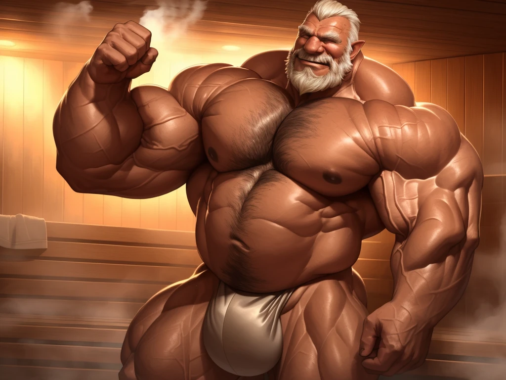 huge muscular old man (orc) soaking in an sauna, nude, totally nude, white and short hair, white beard, old, old man, grandpa, huge scar on chest, , (huge muscular), steam, detailed muscles, 8k, masterpiece:1.2, hyperrealistic,( huge penis:1.2, big balls), highly detailed full body, ((really big muscle, massive muscular, sixpack, thick arms, wide pectoral, super huge muscle, huge shoulder, hyper muscular, floating steam, over sized muscle, huge arms, big arms, huge pectoral)), rich colors, landscape, soft ambient lighting, wrinkled skin, happy expression, peaceful relaxation