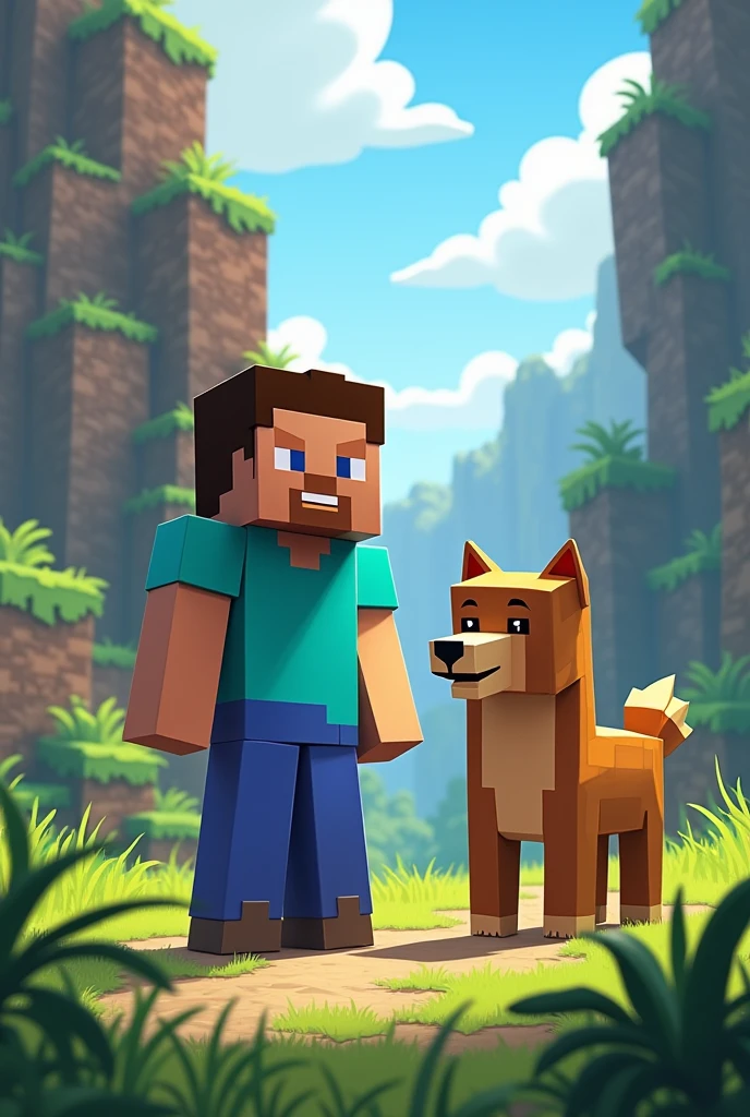 Cartoon design of Steve and his dog with real shape and no cube in Minecraft 