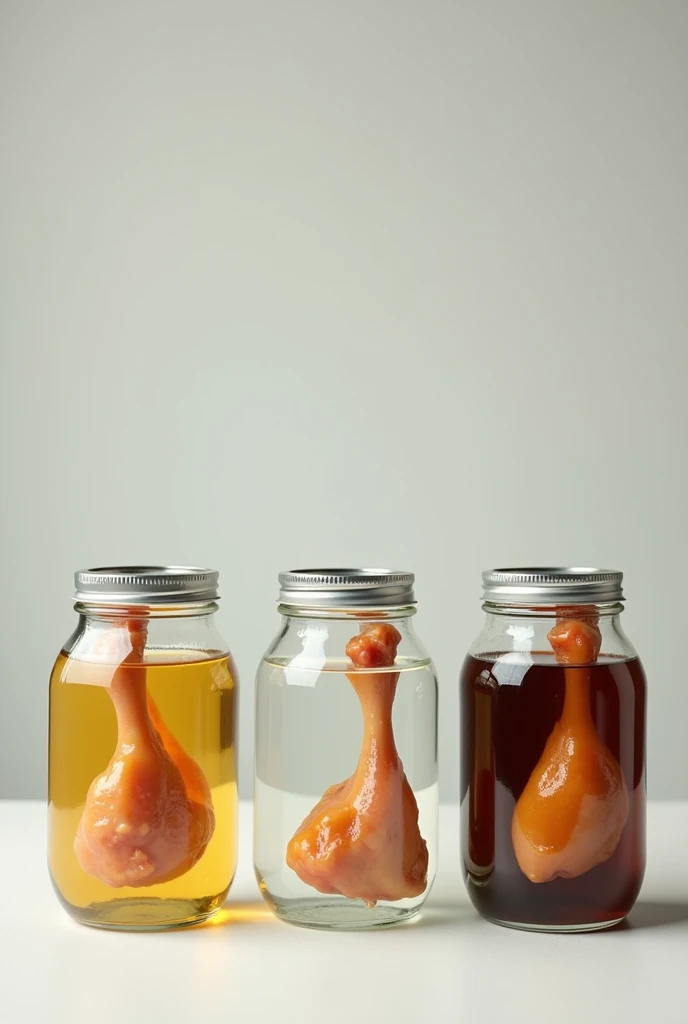 three glass jars closed with their lids, one with vinegar, another with water and finally with Coca Cola and that they have chicken bones, the leg part, submerged in them, one in each jar