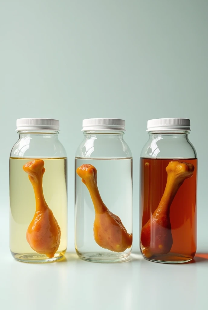 three glass jars closed with their lids, one with vinegar, another with water and finally with Coca Cola and that they have chicken bones, the leg part, submerged in them, one in each jar