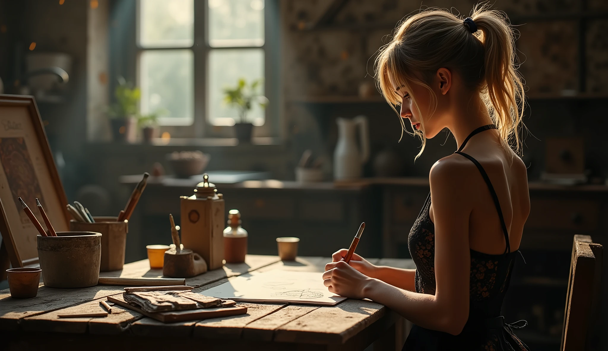 ((ultra realism)), ((Hyperrealism)), ((Ultra detailed skin)), ((Ultra Detailed Face)), An old workshop, dim autumn light breaks through a small window, a girl sits at the table and makes a drawing, dressed in beautiful lace underwear of black color, full body apron, exposed parts of the body are visible, juicy sexy elastic buttocks are visible, slightly tanned skin, rear view over the shoulder, blond hair twisted into a ponytail, messy hair, Soft Light, dust particles are visible in the air, Cinematic lighting, highly detailed skin, highly detailed face, detailed hands, focused on work, very detailed image, Realism, full body view