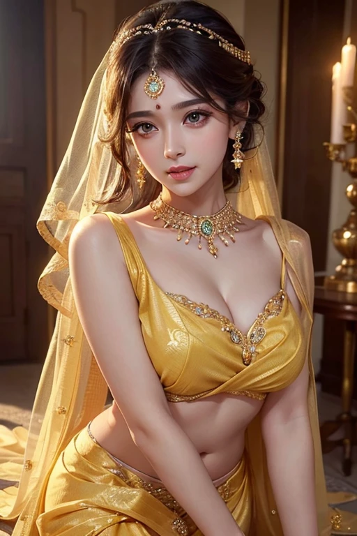 a gorgeous woman wearing an elegant yellow saree, beautiful detailed eyes, beautiful detailed lips, extremely detailed face and skin, longeyelashes, shy expression, blushing, full figure display, intricate details, photorealistic, high resolution, hyper detailed, cinematic lighting, warm color tones, masterpiece, 8k