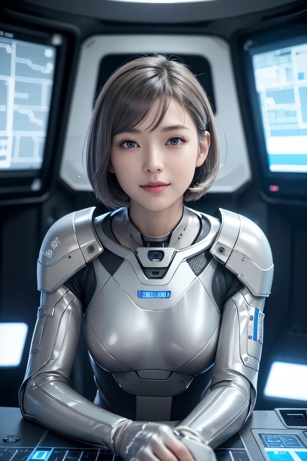 (masterpiece、Photorealistic、Super detailed)、Beautiful woman、Realistic skin and detailed hazel eyes、A Little Smile、Dark silver-gray rough short bob hair、White mechanical space suit with precise structure、Small Bust、A spacious and bright control room inside the spacecraft、Bioluminescence、Fiber Optic LED、The monitor shows a forecast of the typhoon&#39;s path across the Japanese archipelago.、