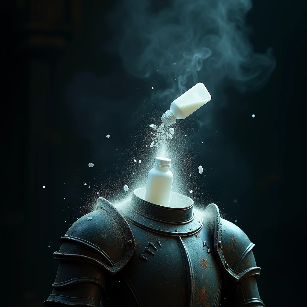 The small medicine bottle fell on the first armor,As it shattered, it released a large amount of dust that emitted a white silver glow.,This dust seems to have some magical power,Professional photography