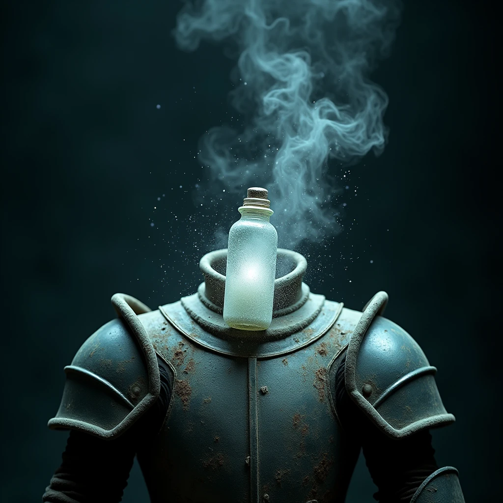 The small medicine bottle fell on the first armor，As it shattered, it released a large amount of dust that emitted a white silver glow.，This dust seems to have some magical power，Professional photography