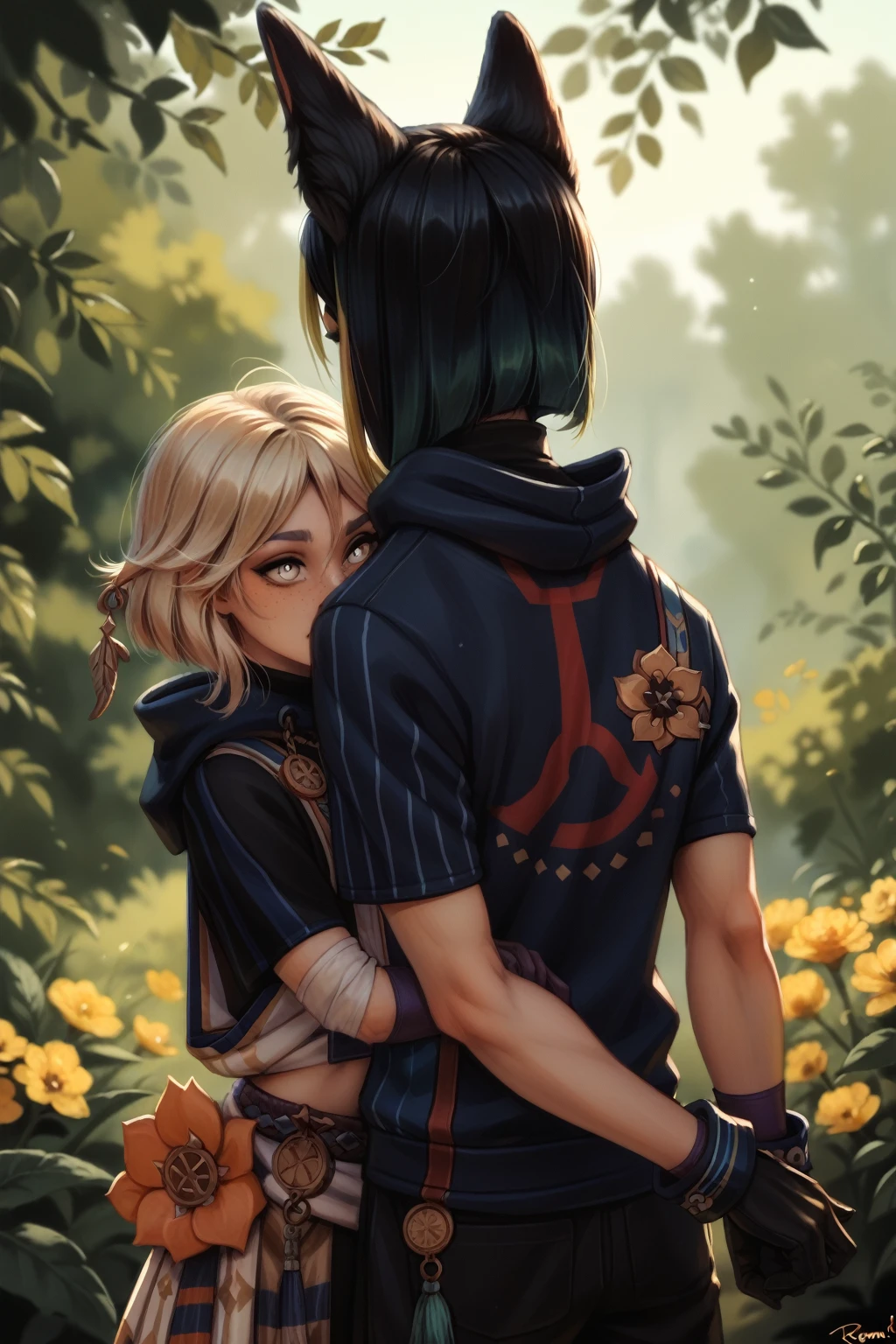 By personalami. tighnari \(genshin impact\). black gloves,medal,hoodie,tassel,asymmetrical sleeves,yellow flower,black shirt,two-tone hair,turtleneck,wrist cuffs. Back view. Monster furry werewolf hug back