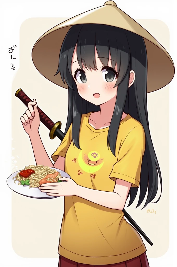 Black-haired girl, wearing a conical hat on her back, holding a sword in her right hand, wearing a sun-moon shirt, holding vermicelli noodles and shrimp paste in her hands.