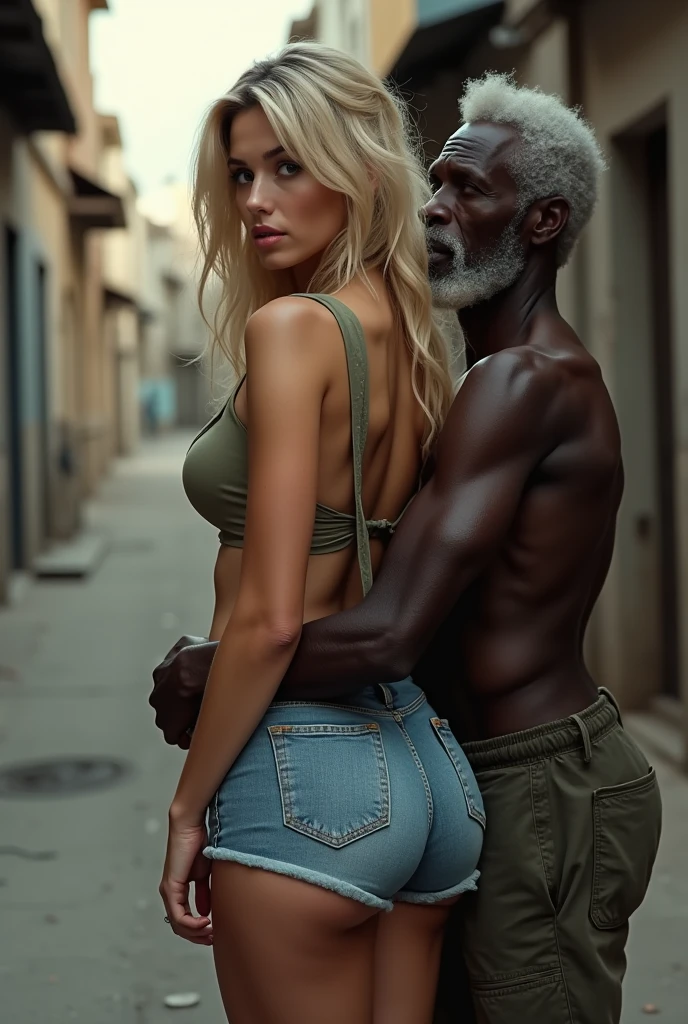 Young blonde slavic blue eyes teen skinny small tits surrounded by african soldiers in a Africa street