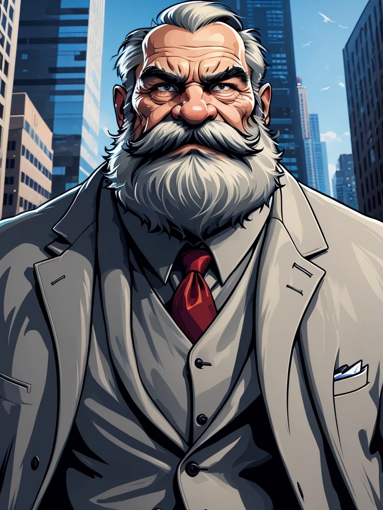 a portrait of an old man wearing a suit, upperbody, standing in a city background, (mwvector), vector, thick mustache, long beard, 8k, high quality, photorealistic, detailed wrinkles, detailed facial features, detailed texture