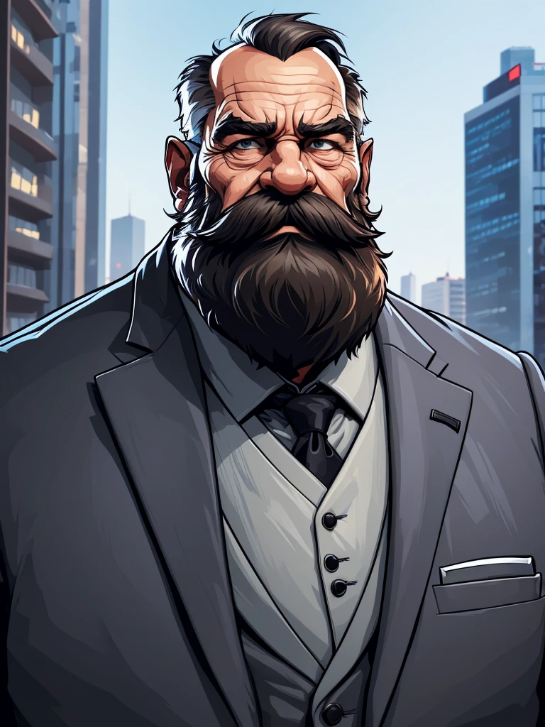 a portrait of an old man wearing a suit, upperbody, standing in a city background, (mwvector), vector, thick mustache, long beard, 8k, high quality, photorealistic, detailed wrinkles, detailed facial features, detailed texture