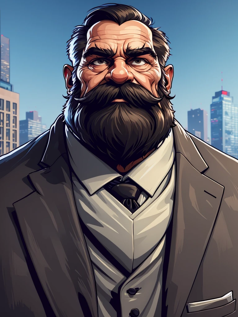 a portrait of an old man wearing a suit, upperbody, standing in a city background, (mwvector), vector, thick mustache, long beard, 8k, high quality, photorealistic, detailed wrinkles, detailed facial features, detailed texture