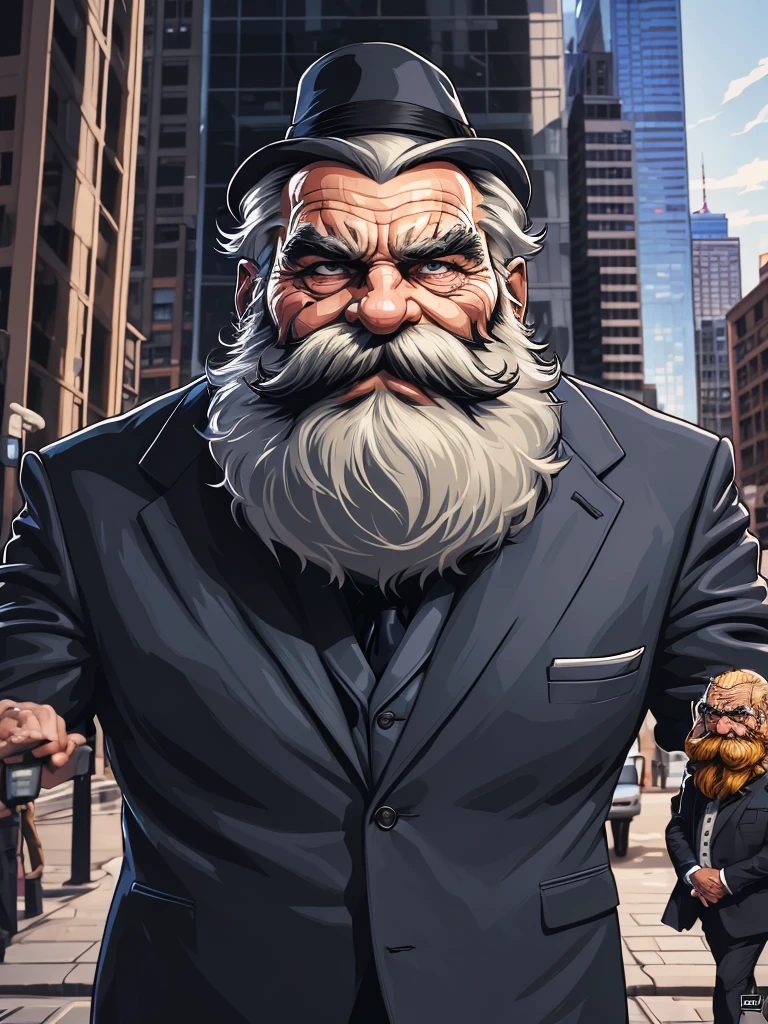 a portrait of an old man wearing a suit, upperbody, standing in a city background, (mwvector), vector, thick mustache, long beard, 8k, high quality, photorealistic, detailed wrinkles, detailed facial features, detailed texture