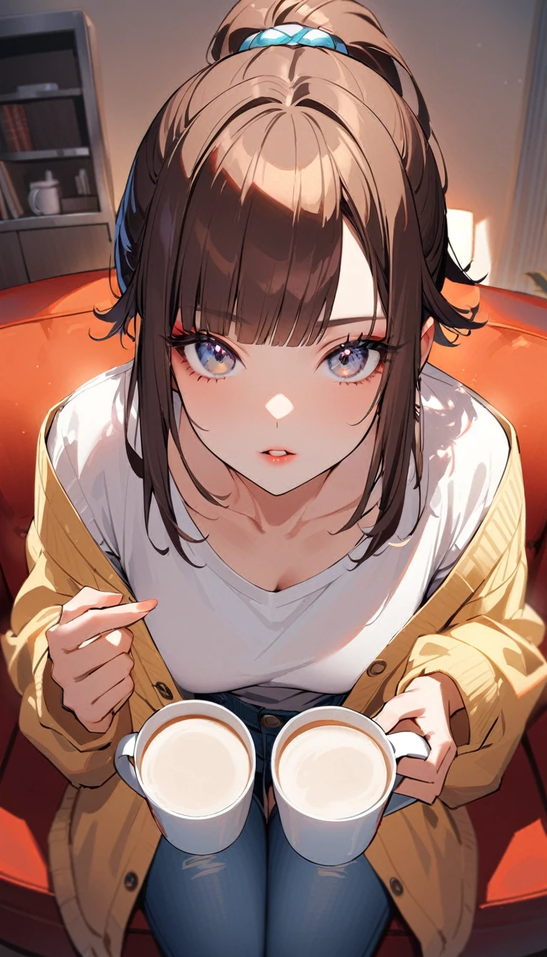 1woman, 独奏, gray eyes, detailed eyes, eyelashes, light lips, 25years old, Brown Hair, Neat bangs, ponytail, oversized yellow cardigan, White T-shirt, blue denim, Put your mouth on the mug, looking at mug, Sitting on a vermilion sofa, My Room, Relaxed atmosphere