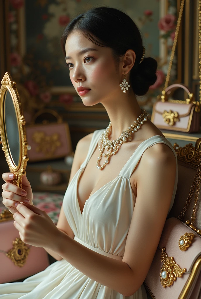 Arafed woman in a white dress holding a mirror and pearls with a collection of purses and bags, gold and perlas, perlas and gold chains, perlas and chains, Wearing elegant jewelry, The girl with a pearl earring, Rococo queen, pearl jewelry, Exquisite aristocratic with a large collection of bags