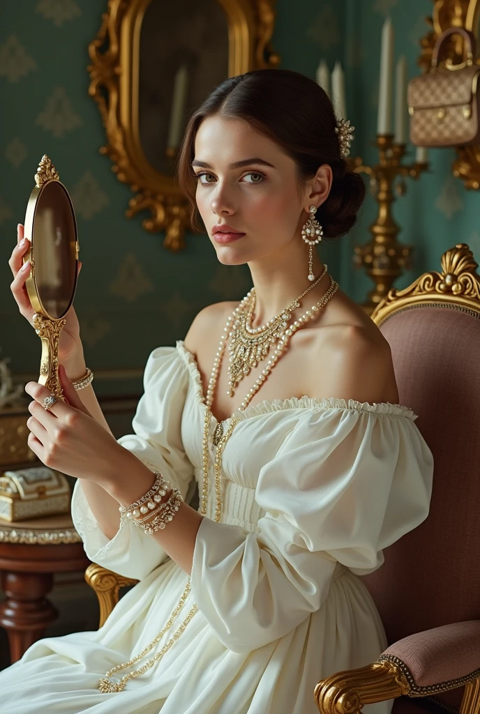 Arafed woman in a white dress holding a mirror and pearls with a ...