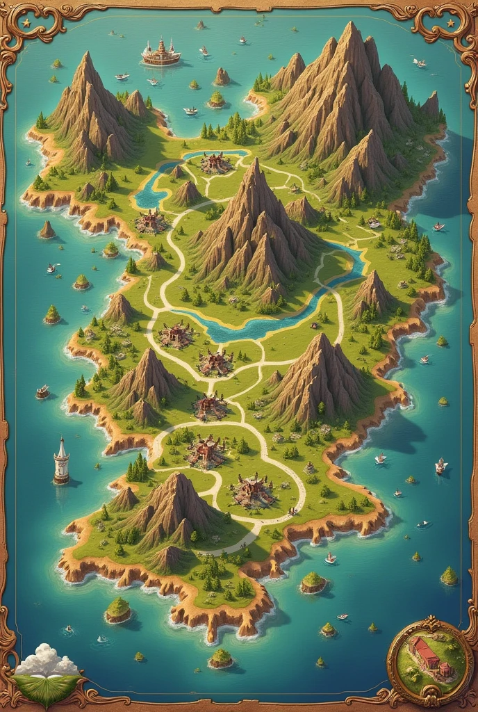 A whole map, beautiful, 3 land forms, 2 water forms, flat map, high quality, fictional map, monarchy map, with nation, village, flat drawn map, full map, with villagers, with atleast 6 countries