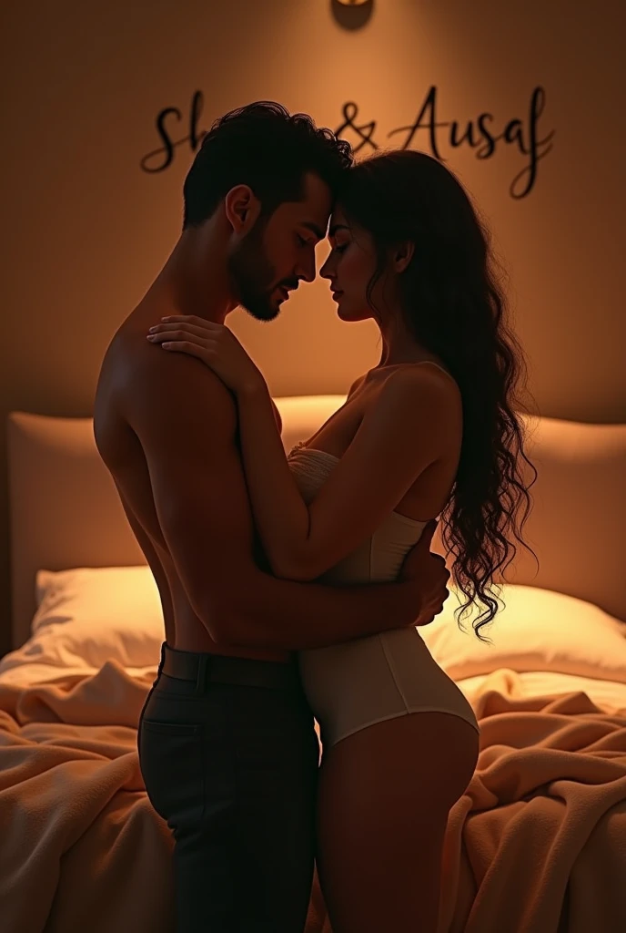 It is the first night of marriage and behind the bed is written Shazia Ausaf and both are in each other's arms and have a romantic and sexy look Sex Rest Bedroom With Blacket And Show Boobs And Kiss Lips 