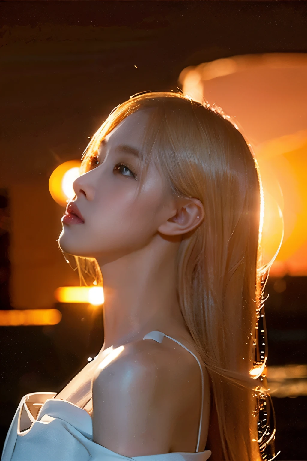 a beautiful blonde girl in a white dress, (kissing the sunset), detailed face and eyes, serene expression, photorealistic, dramatic lighting, sunset colors, vivid colors, highly detailed, masterpiece, 8k, hyper realistic, volumetric lighting, cinematic, award-winning photography
