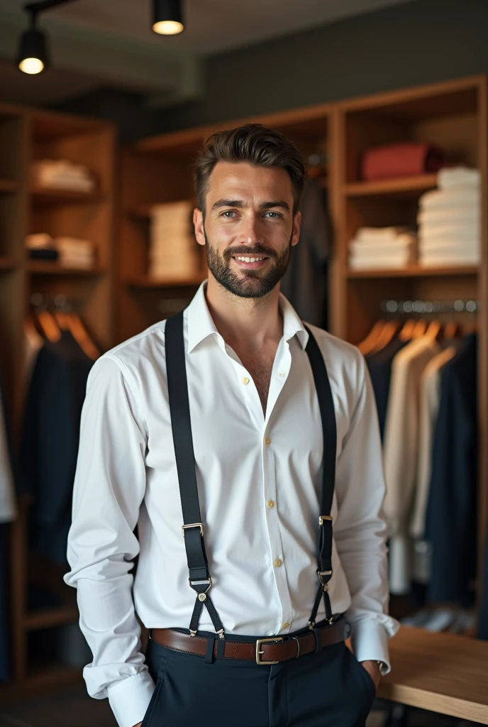 Image attrayante d’un homme habille en vendeur devant un dressing