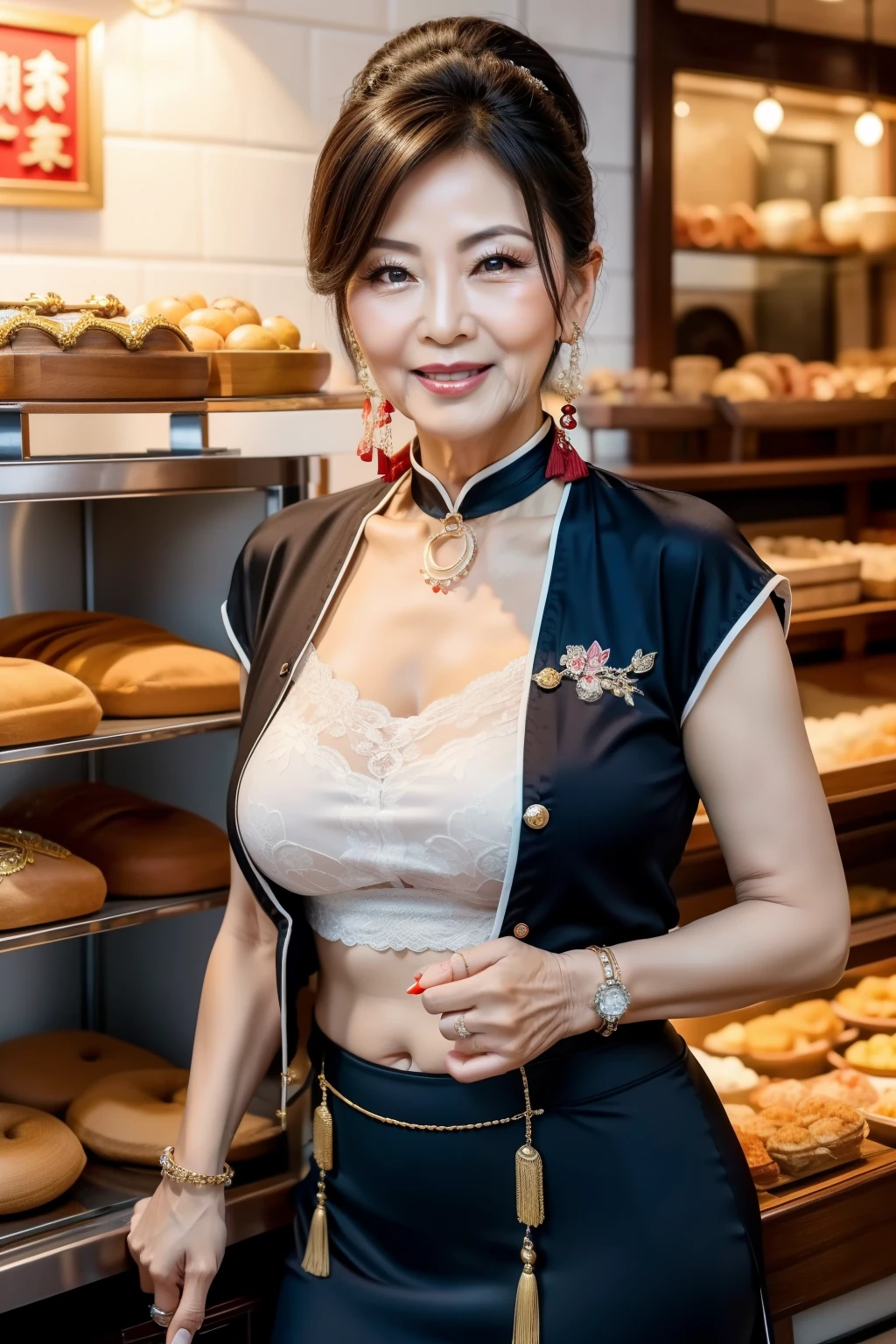 77 years old Mom MILF Chinese Lady large earring Big choker navel piercing decoration A bracelet realisitic Gorgeous Madame Beautiful Mature Woman sexy Smile Gentle woman navel piercing 4K High quality ガードル ハイレグ