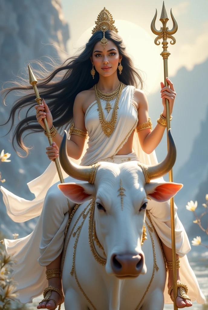 "Create an ultra-realistic image of the beautiful Goddess Mahagauri, daughter of Lord Himalaya, depicted in a pure white saree with a matching blouse. The saree should be elegant, should be intricately designed with delicate gold patterns that highlight her divine status and connection to the mountains. symbolizing her purity and divine nature, with subtle, delicate patterns that enhance her celestial presence. Her skin should be extremely fair, glowing with a soft, ethereal light that reflects her name, Mahagauri, meaning 'extremely fair.' Her face should be serene and exquisitely beautiful, with large, expressive eyes that radiate wisdom and compassion, and a gentle smile that conveys peace and grace, she has extremely very long hari, black floating hair, healthy hair.
She has only two hands.
In her right hand, she holds a majestic trident.
In her left hand, she holds a small drum.
She should be seated on an extremely large and powerful pure white bull, symbolizing her title as Vrisharudha (वृषारूढ़ा), the one who rides the bull. The bull should be depicted with a strong, muscular build and a calm, majestic demeanor, reflecting its strength and the divine presence of the goddess. The bull's pristine white color should complement the goddess's own pure, glowing complexion.
The background should be a serene, celestial landscape, with soft, glowing light and elements like a conch, the moon, and white Kunda flowers, symbolizing her fair complexion. The scene should convey a sense of peace, purity, and divine grace. The overall image should capture the essence of Goddess Mahagauri’s beauty, purity, and divine power, presented in a highly realistic and detailed manner, with her mount emphasizing her strength and protective nature."