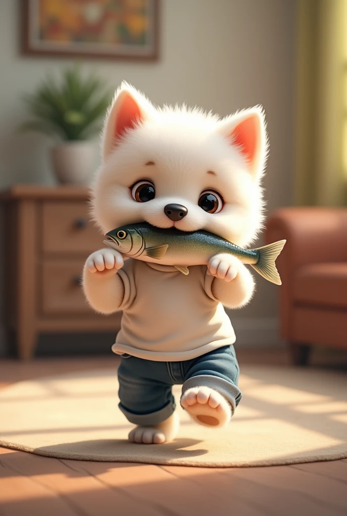A cute dog puppy, background home,color white, running and in mouth a fish, wearing denim jeans an t-shirt colour will be white, realistic image