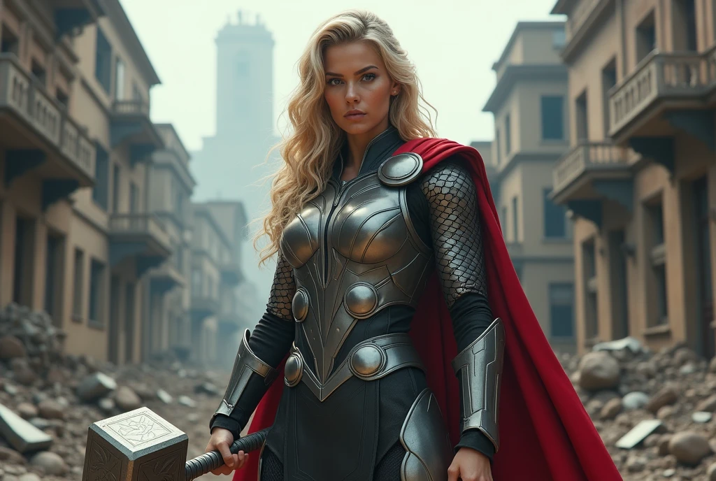 a realistic photo, hdr definition, uhd realistic photo, hyper detailed, 1 woman, 2, long, slightly curly blond hair, 95D chest, she has a determined look, she stares at the lens, full body, dynamic pose, she is wearing Thor's armor from Marvel, in his hand Thor's hammer from Marvel, dilapidated post-apocalyptic city background, light enhancing the details of the armor, the extensive details of this photo enhance this creation into a masterpiece