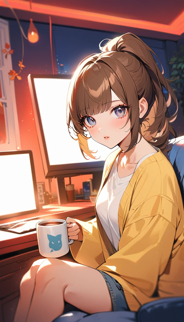 1woman, 独奏, gray eyes, detailed eyes, eyelashes, light lips, 25years old, Brown Hair, Neat bangs, ponytail, oversized yellow cardigan, White T-shirt, blue denim, Put your mouth on the mug, looking at upper right corner of the screen, Sitting on a vermilion sofa, My Room, Relaxed atmosphere