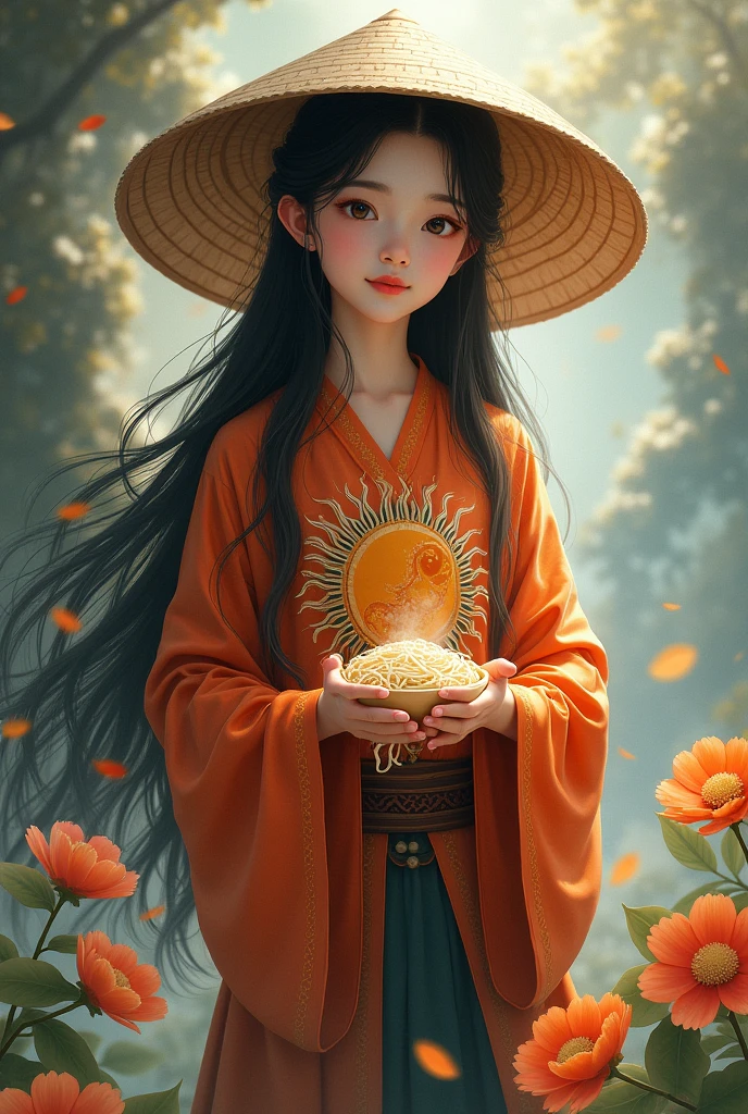 Black-haired girl, wearing a conical hat on her back, , wearing a sun-moon shirt, holding vermicelli noodles and shrimp paste in her hands.