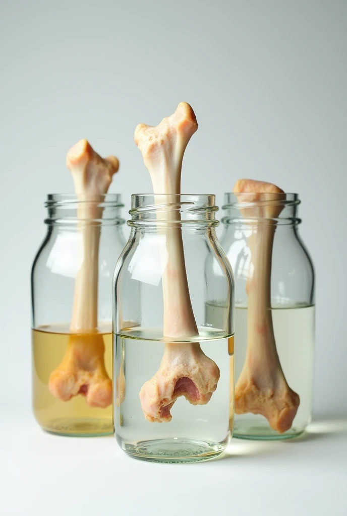 three glass jars closed with their lids, one with vinegar, another with water and finally with Coca Cola and they have chicken bones, the leg part well cleaned and without any meat submerged in them, one in each jar