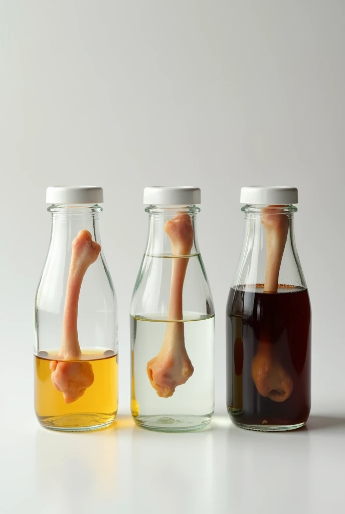 three glass jars closed with their lids, one with vinegar, another with water and finally with Coca Cola and they have chicken bones, the leg part well cleaned and without any meat submerged in them, one in each jar