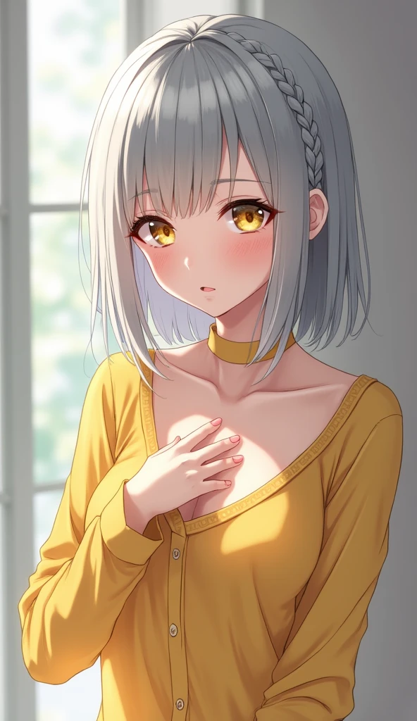 Anime style, adult girl, tall, Silver hair, yellow eye, braided hair, yellow shirt short sleeve, no pants, small breast, very hot, hot, beautiful, pretty, blushes, shy, touches her breasts, transparent clothes.
