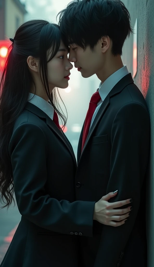 (32K:1.9, Realistic:1.9, Highest quality, masterpiece, Ultra-high resolution), Perfect dynamic composition, Highly detailed skin and facial textures:1.3, Detailed eyes, Detailed limbs, (Cute sexy slim Japanese schoolgirl, expensive、Slim Japanese high school boy), Fair skin, ((Clarity:1.1)), (Both boys and girls wear a blazer-style uniform with a red tie.),  (The boy faces the girl and presses his left hand against the wall.:1.0), (smile:0.9, Totally captivates you:0.9), (beautiful Blue Eyes, beautiful, Clear Eyes:0.8), The woman has long black hair, Sexy Face:0.4, blush:1.1, (beautifulエロティシズムを醸し出す雰囲気:0.8), Professional random camera work, Cinematic Lighting Effects, ((Full Body Shot)), ((Too erotic:0.9)) , romantic, mysterious, Object of admiration, original, dramatic, artistic, Innovative, charm, Heartful, Fancy, Tilt, sense of loss, special, exciting, Extreme, sense of openness, joy, joyの表現, ((若さのcharm, 女性的なcharm))