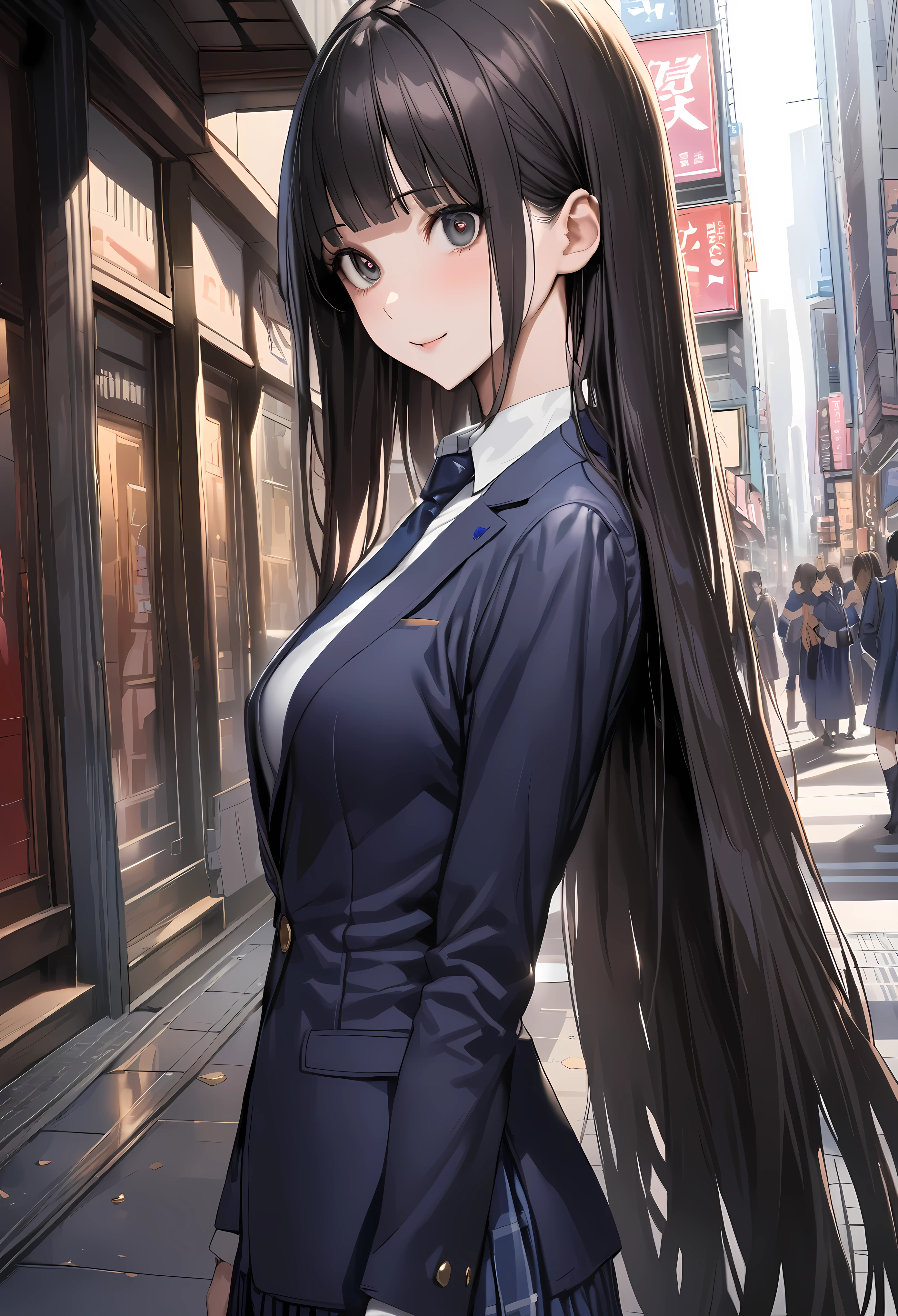 ((masterpiece,best quality anime,Highest quality:1.3)),realistic,cowboy shot,1woman,(30 year old beauty),((very small head:1.4)),((very long body:1.4)),straight long hair,black hair,(gorgeous big eyes),black eyes,smile,((slender body:1.4,skinny:1.3)),medium breasts,(School uniform、Dark blue blazer jacket、Navy blue tie、White shirt、Navy blue pleated mini skirt),gleaming skin,shiny skin,standing,on street、Shinjuku、Tokyo、