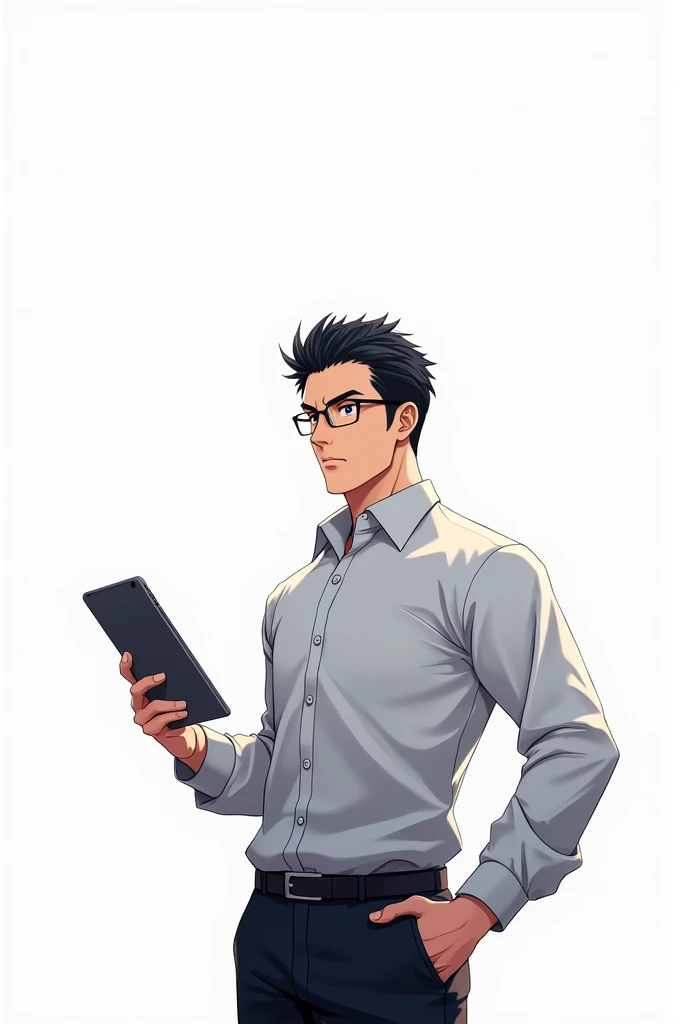 Black hair male teacher, wearing glasses, holding an iPad with one hand, anime image, white background