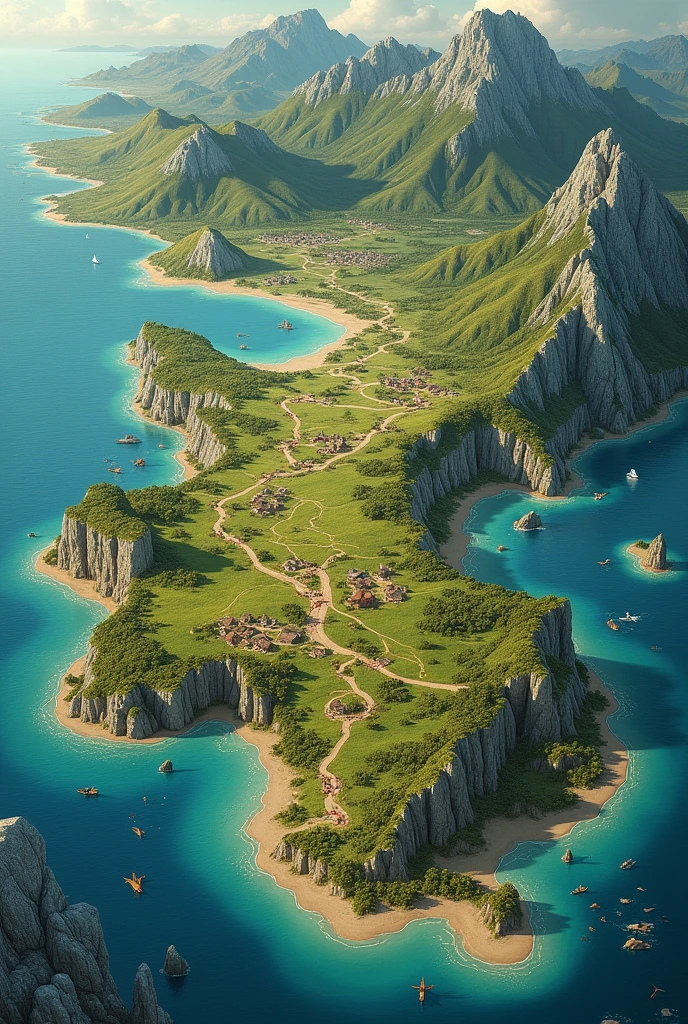 A whole map, beautiful, 3 land forms, 2 water forms, flat map, high quality, fictional map, monarchy map, with nation, village, flat drawn map, full map, with villagers, with atleast 6 countries, large continent with separated islands