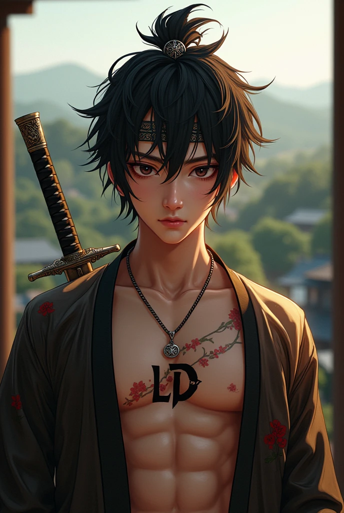A handsome young man from Japan,Small silver necklace with "LD" logo,(high detail Chunky face), (PureErosFace), (plump body build), (very curvy), plus,(photoshot), pores, real skin,Tattoo with the text "LD" in red black, hair band, flying hair, (black hair), ancient head ornament, hairpin, seductive, cynical look, affectionate eyes, glowing eyes, handsome scene, shadow, backlighting, soft natural volumetric  perfect light, sword, Japanese architecture, grassland, tree, standing on the roof of the tallest traditional house