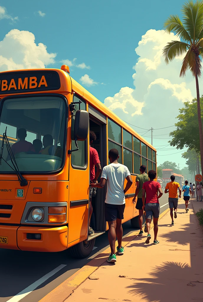 African mens and woman entering into bus. The bus should be named KIBAMBA JOGGING. The bus should be along the road with the running man behind the bus 