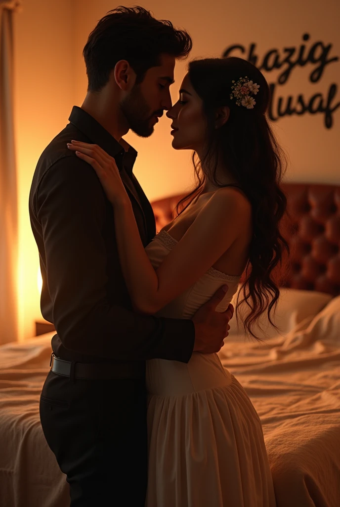 It is the first night of marriage and behind the bed is written Shazia Ausaf and both are in each other's arms and have a romantic and sexy look Sex Rest Bedroom With Blacket And Show Boobs And Kiss Lips 